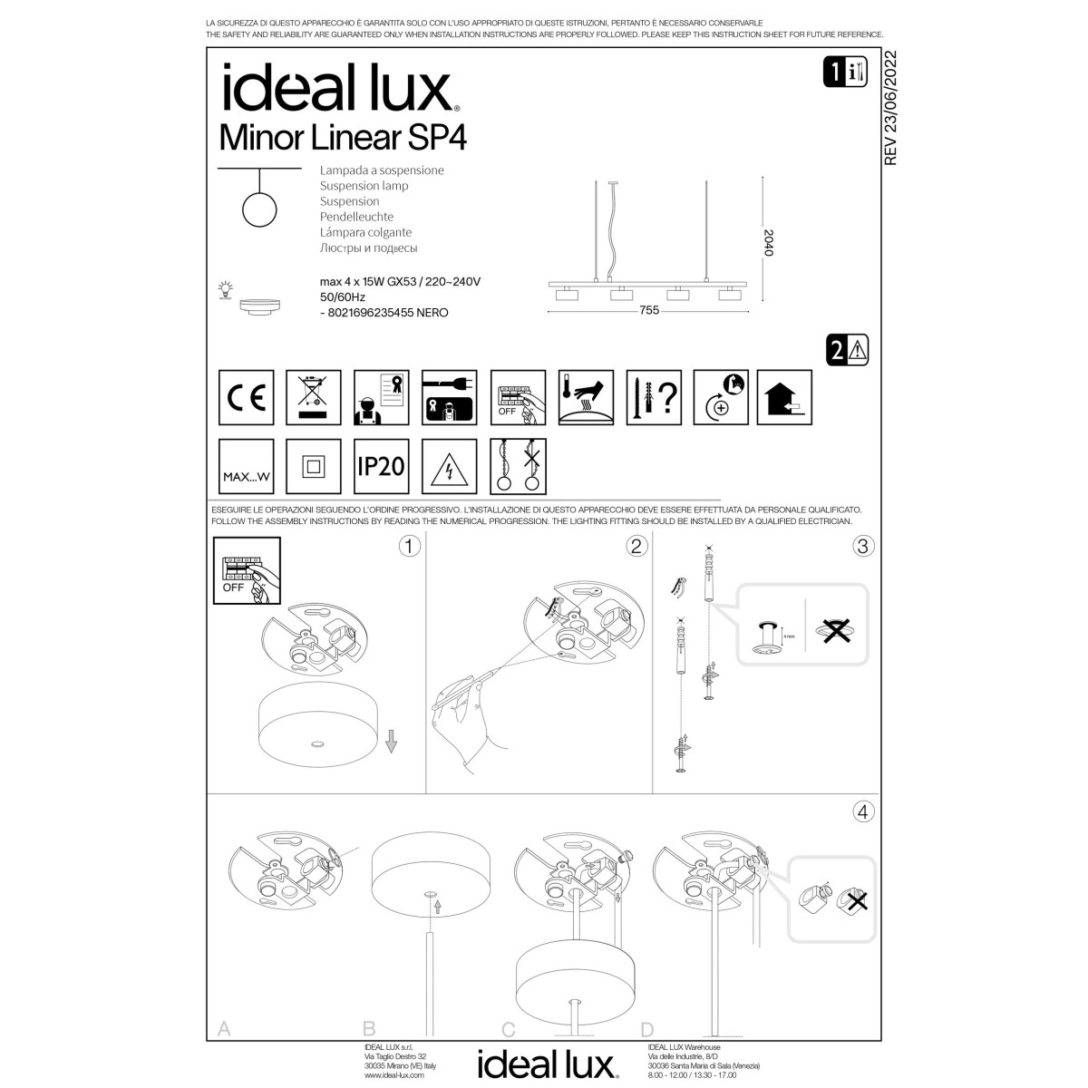 Люстра подвесная Ideal Lux Minor SP4 Linear Черный GX53 235455