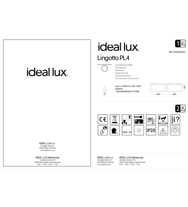 Люстра потолочная Ideal Lux Lingotto PL4 Латунь E14 198156