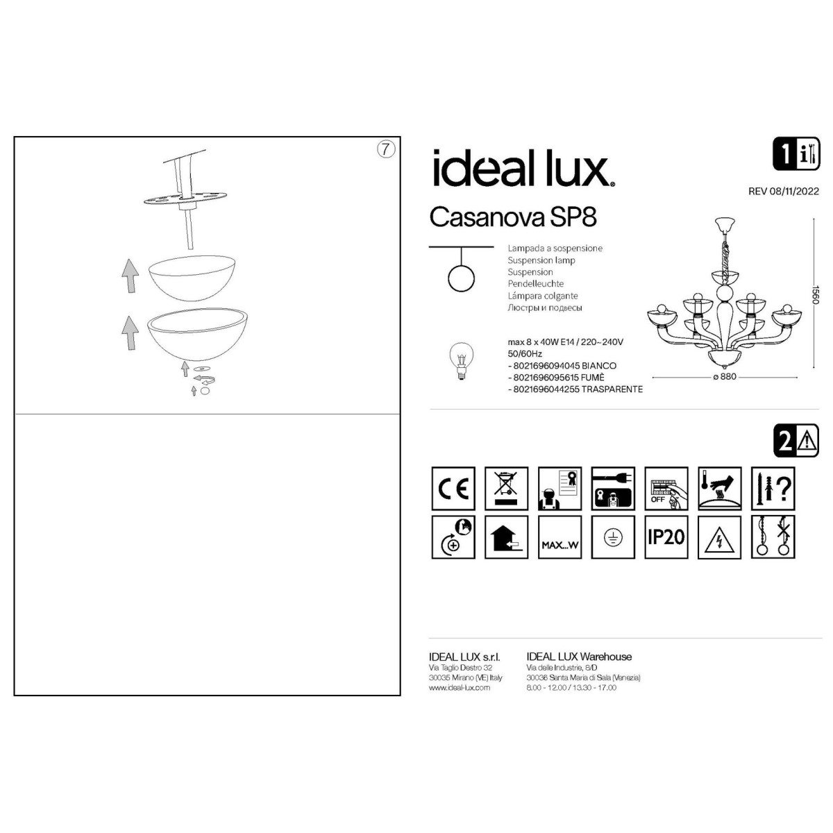 Люстра подвесная Ideal Lux Casanova SP8 Прозрачный E14 044255