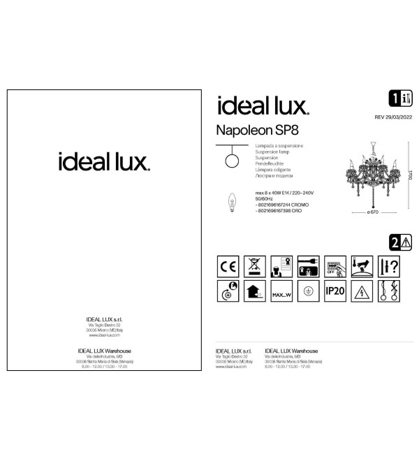 Люстра подвесная Ideal Lux Napoleon SP8 Хром E14 167244