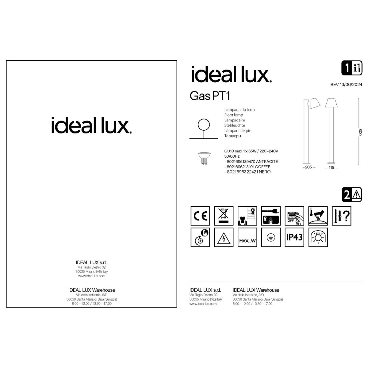 Светильник садово-парковый Ideal Lux Gas PT1 Черный GU10 322421