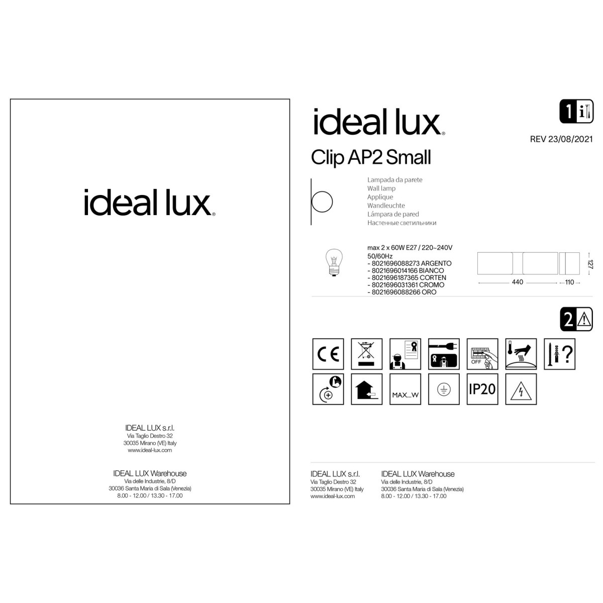 Светильник настенный Ideal Lux Clip AP2 Small Белый E27 014166