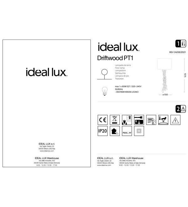 Торшер напольный Ideal Lux Driftwood PT1 Дерево E27 148939