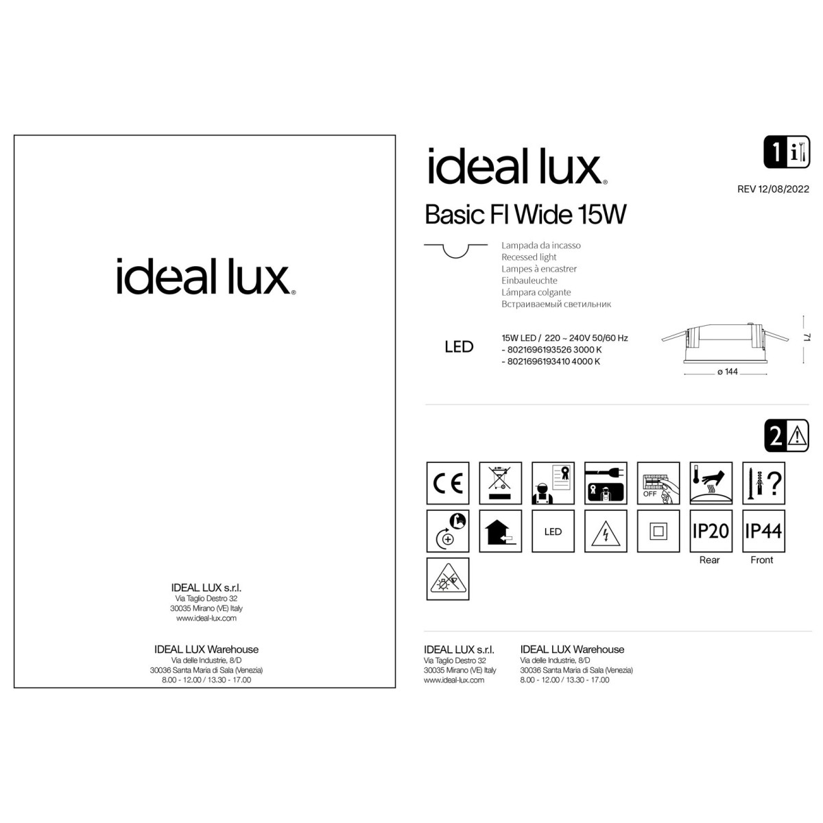 Светильник встраиваемый Ideal Lux Basic FI Wide 15W 3000K Белый LED 193526