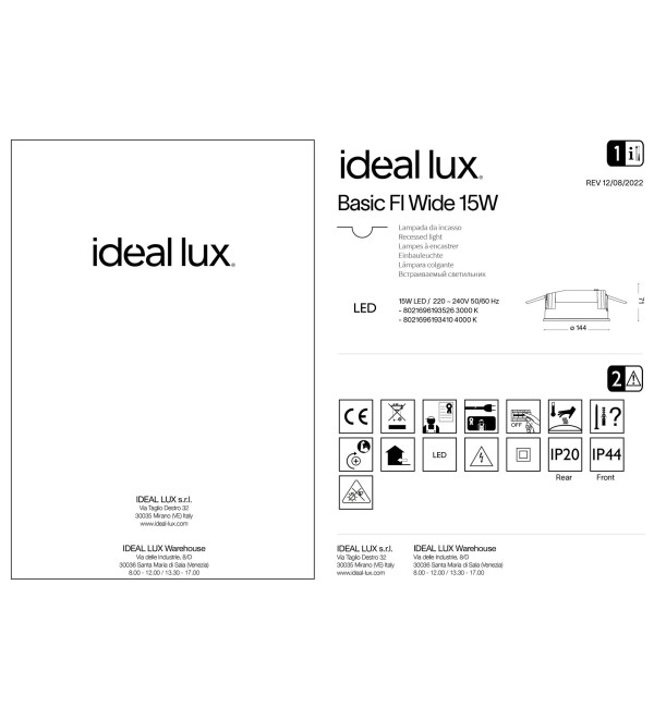 Светильник встраиваемый Ideal Lux Basic FI Wide 15W 3000K Белый LED 193526