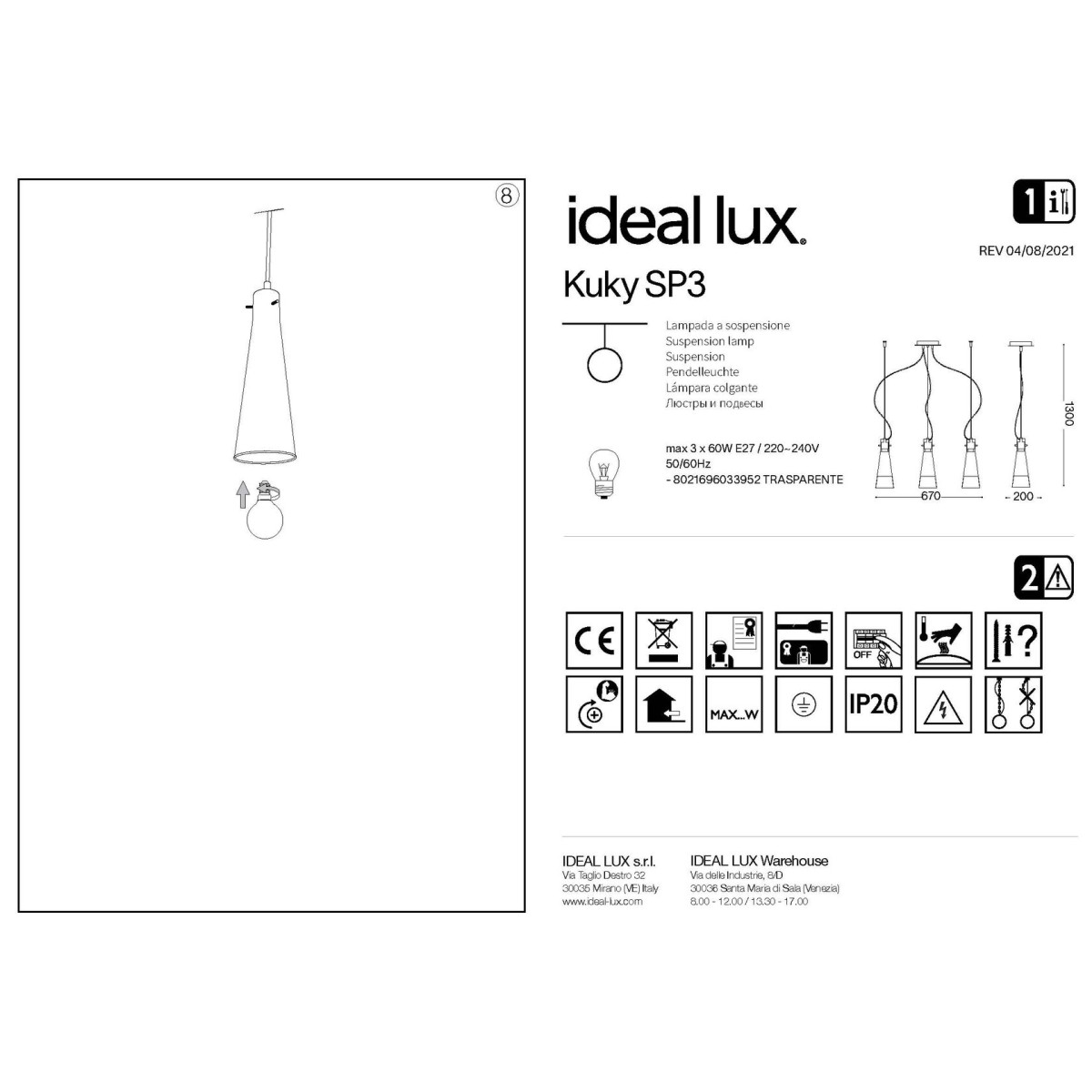Светильник подвесной Ideal Lux Kuky SP3 Хром E27 033952