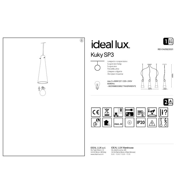 Светильник подвесной Ideal Lux Kuky SP3 Хром E27 033952