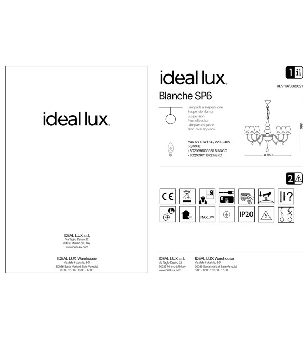 Люстра подвесная Ideal Lux Blanche SP8 Белый E14 035574