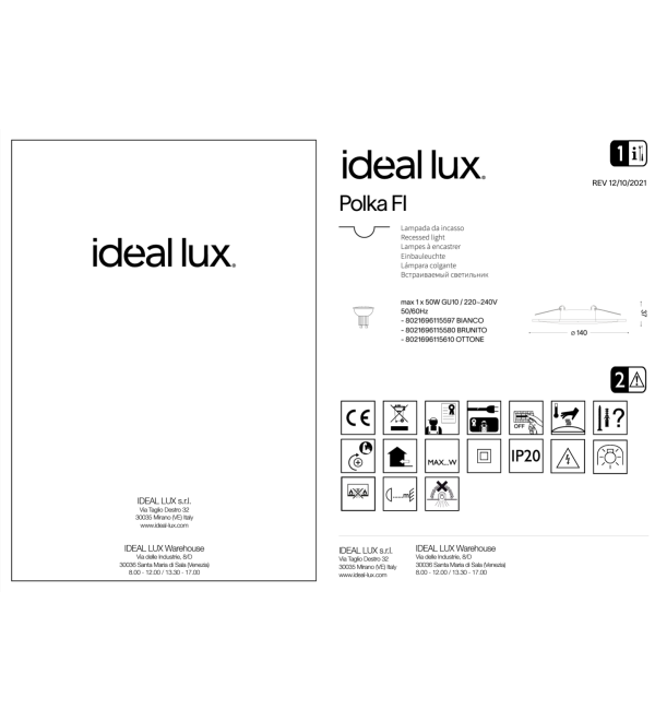 Светильник встраиваемый Ideal Lux Polka FI Белый Гипс GU10 115597