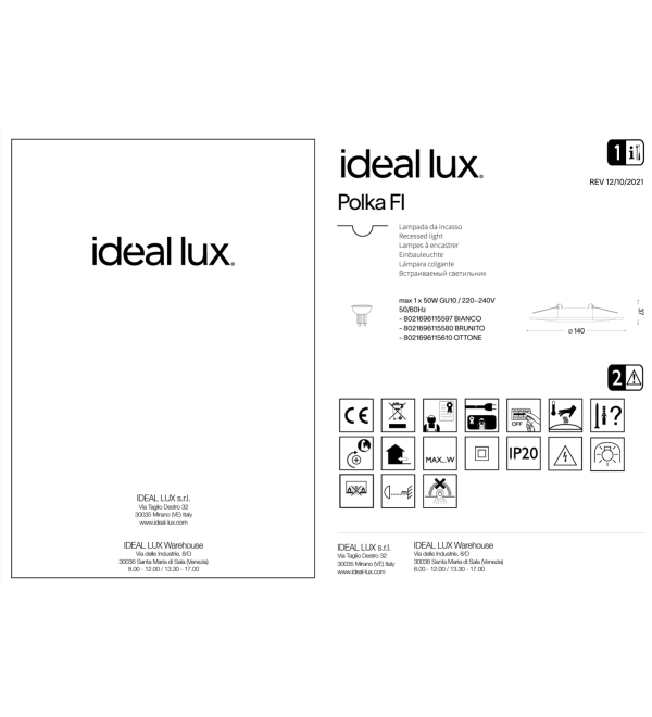 Светильник встраиваемый Ideal Lux Polka FI Белый Гипс GU10 115597