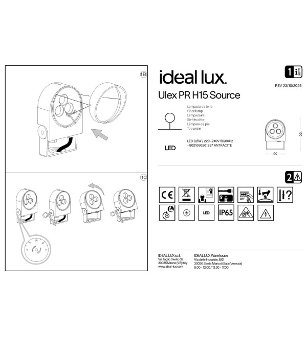 Прожектор уличный Ideal Lux Ulex PR H15 Source Антрацит 3000К LED 261287