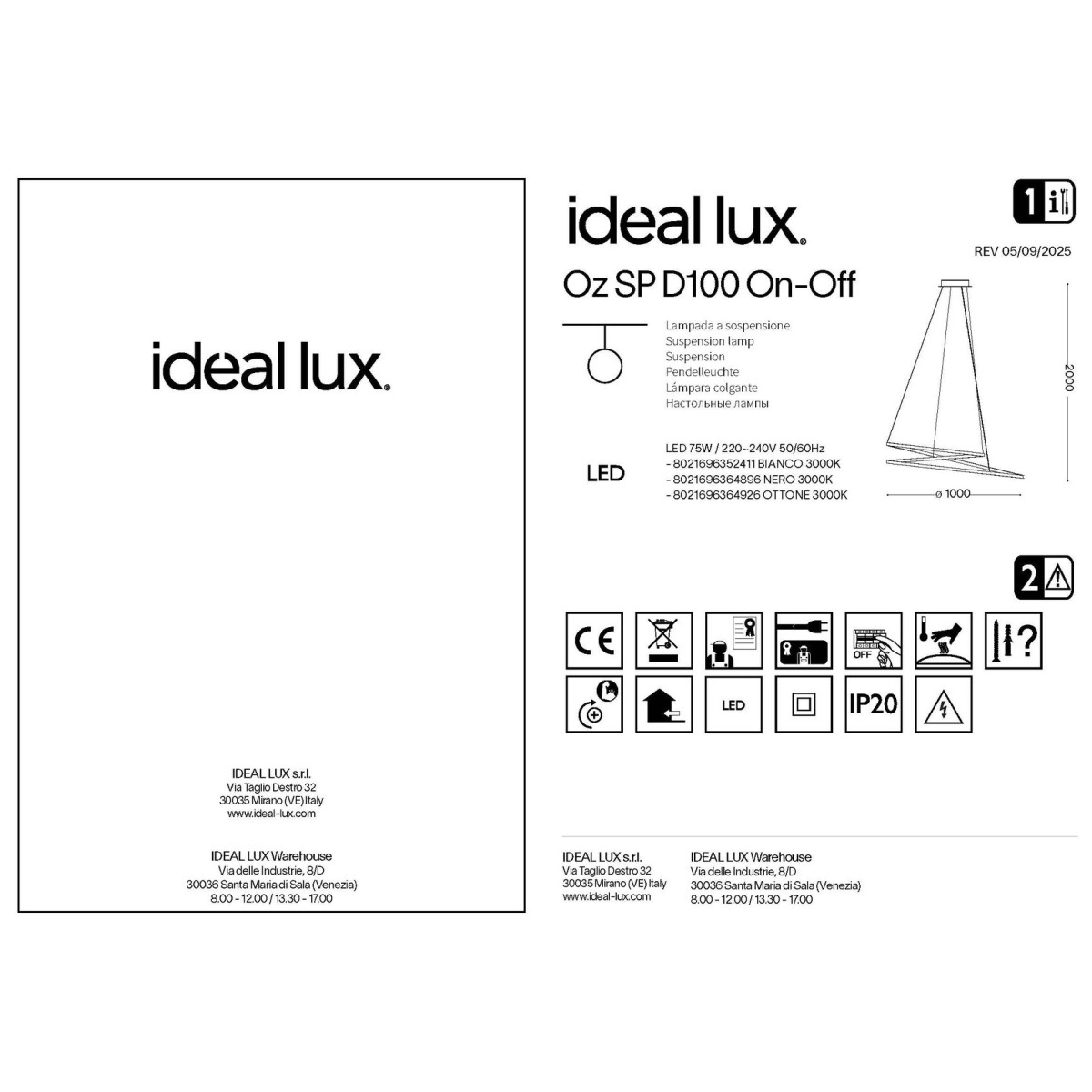 Люстра подвесная Ideal Lux Oz SP D100 On-Off 3000K Латунь LED 364926