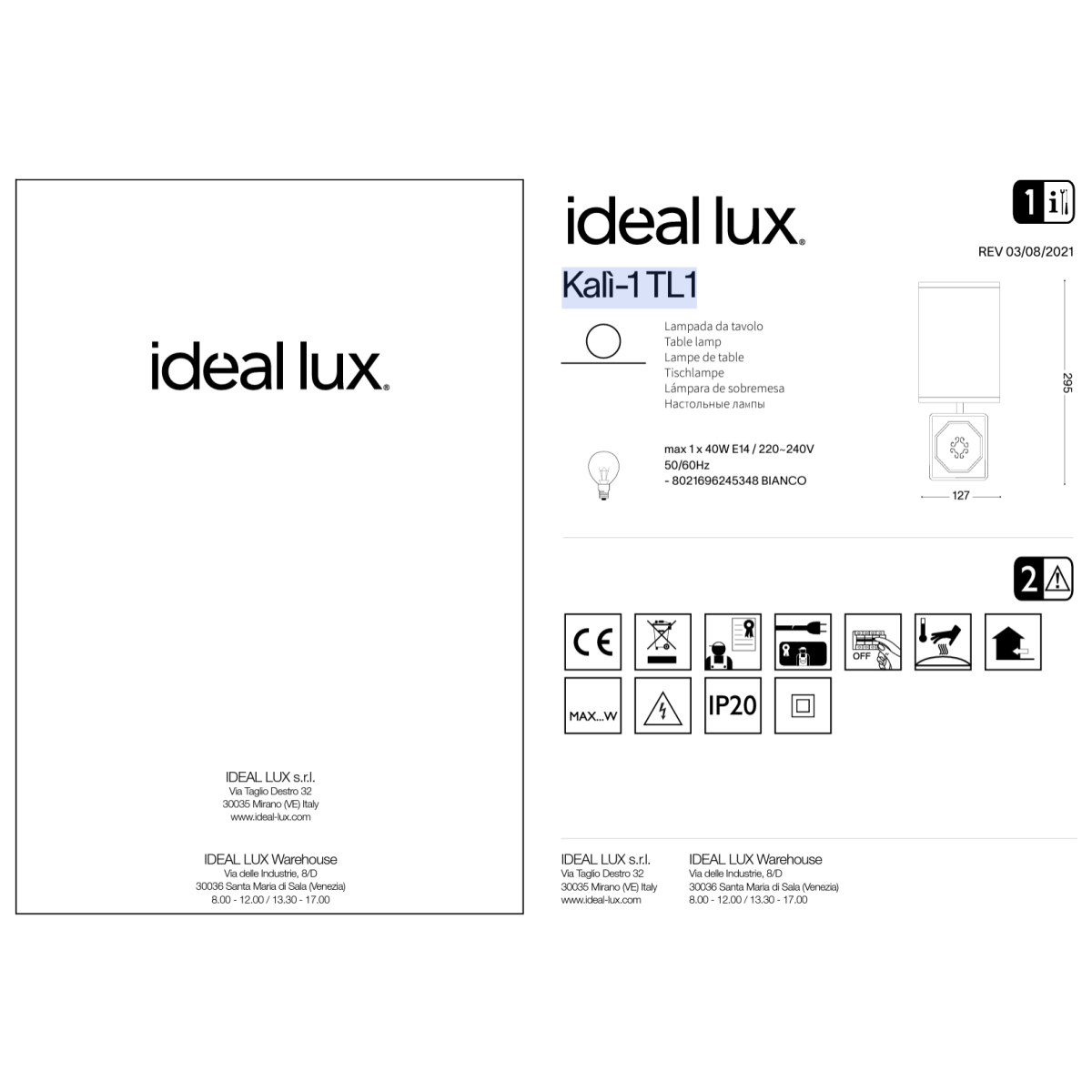 Лампа настольная Ideal Lux Kali-1 TL1 Белый E14 245348