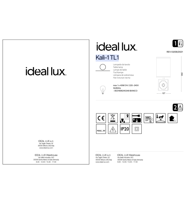 Лампа настольная Ideal Lux Kali-1 TL1 Белый E14 245348