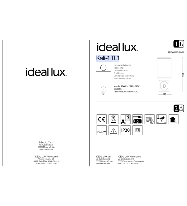Лампа настольная Ideal Lux Kali-1 TL1 Белый E14 245348