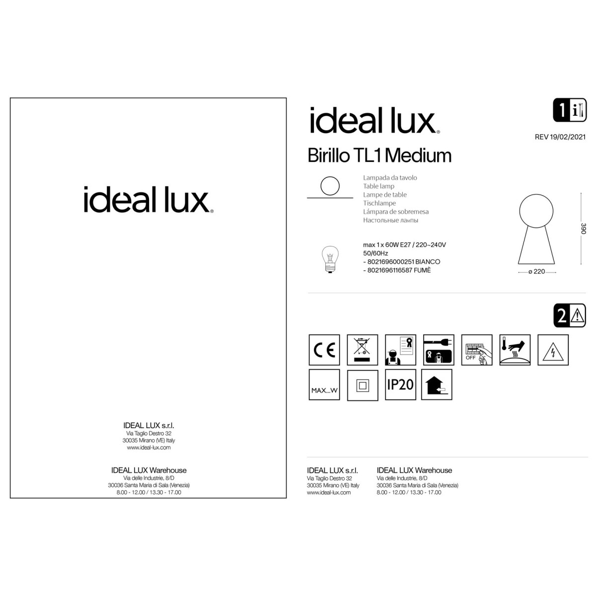 Лампа настольная Ideal Lux Birillo TL1 Medium Серый E27 116587