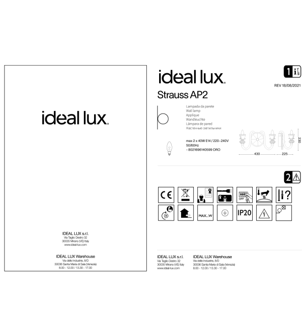 Светильник настенный Ideal Lux Strauss AP2 Золото E14 140599
