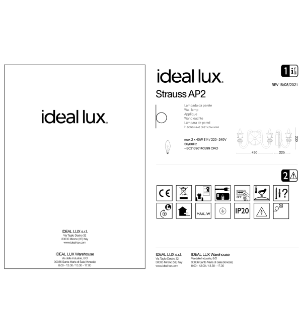 Светильник настенный Ideal Lux Strauss AP2 Золото E14 140599