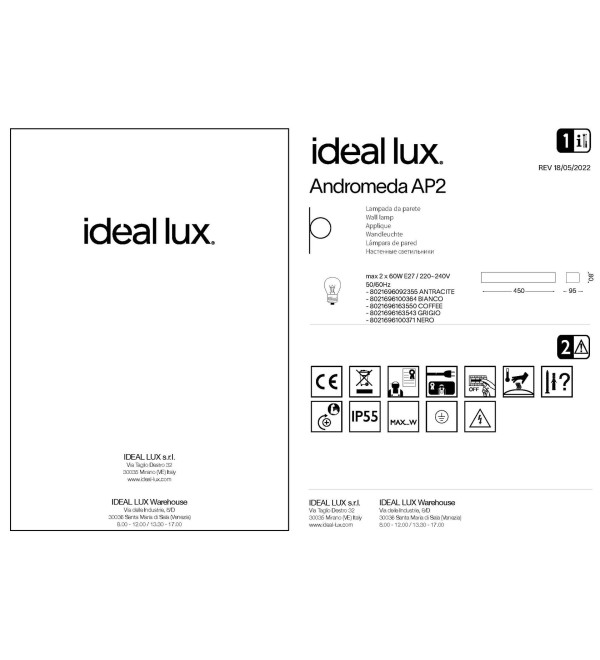 Светильник уличный Ideal Lux Andromeda AP2 Белый E27 100364