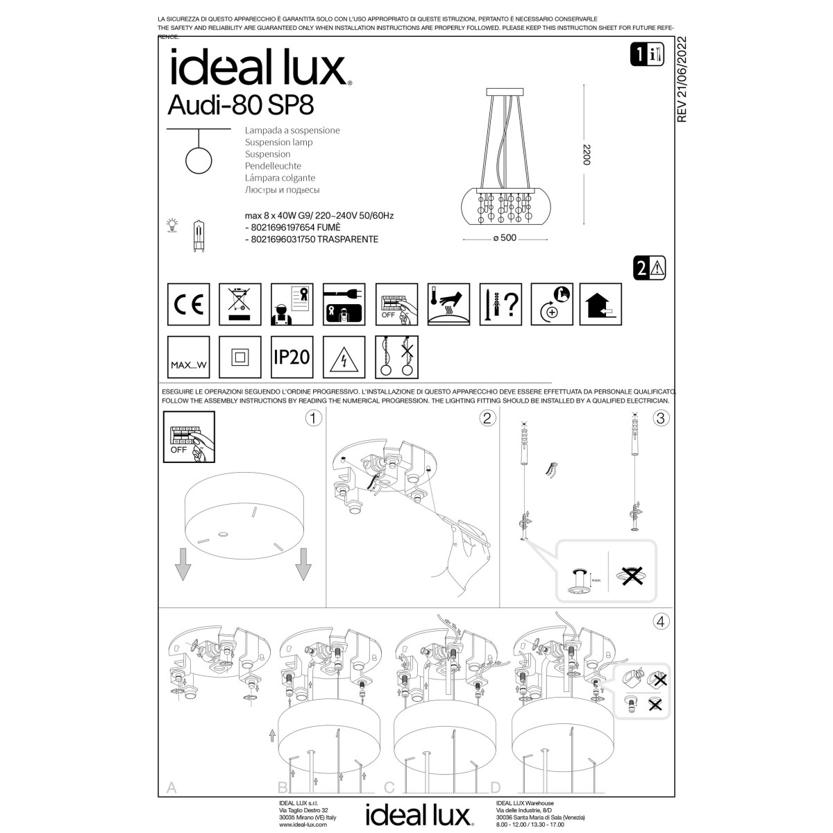 Люстра подвесная Ideal Lux Audi-80 SP8 G9 Прозрачный 031750