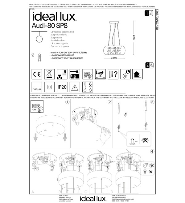Люстра подвесная Ideal Lux Audi-80 SP8 G9 Прозрачный 031750