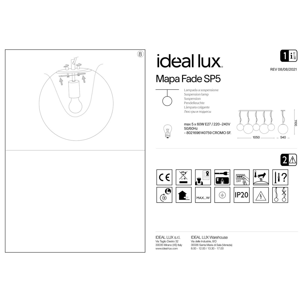 Люстра подвесная Ideal Lux Mapa Clear SP5 Хром E27 140759