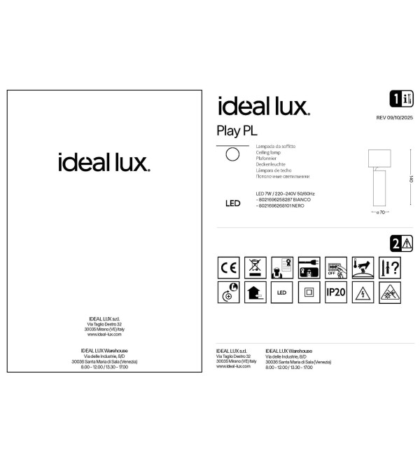 Светильник потолочный Ideal Lux Play PL LED Черный 3000К 268101