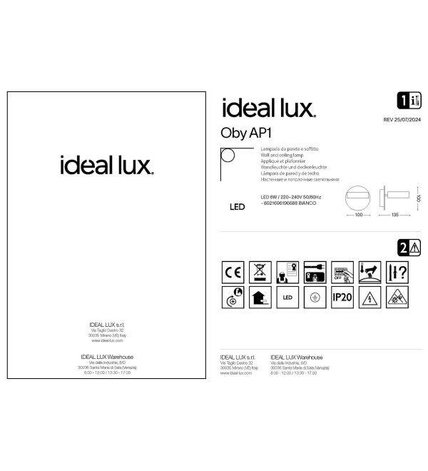 Светильник настенный Ideal Lux Oby AP1 Белый 3000К LED 196688