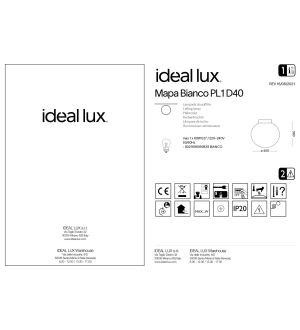 Светильник потолочный Ideal Lux Mapa PL1 D40 Белый E27 059839