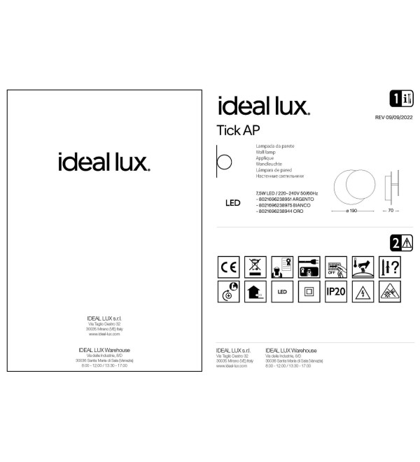 Светильник настенный Ideal Lux Tick AP LED Золото 3000К 238944