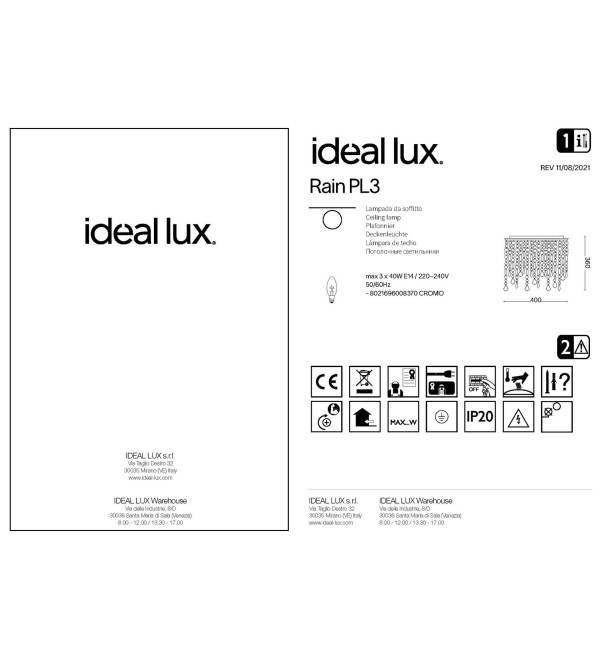 Люстра потолочная Ideal Lux Rain PL3 Хром E14 008370