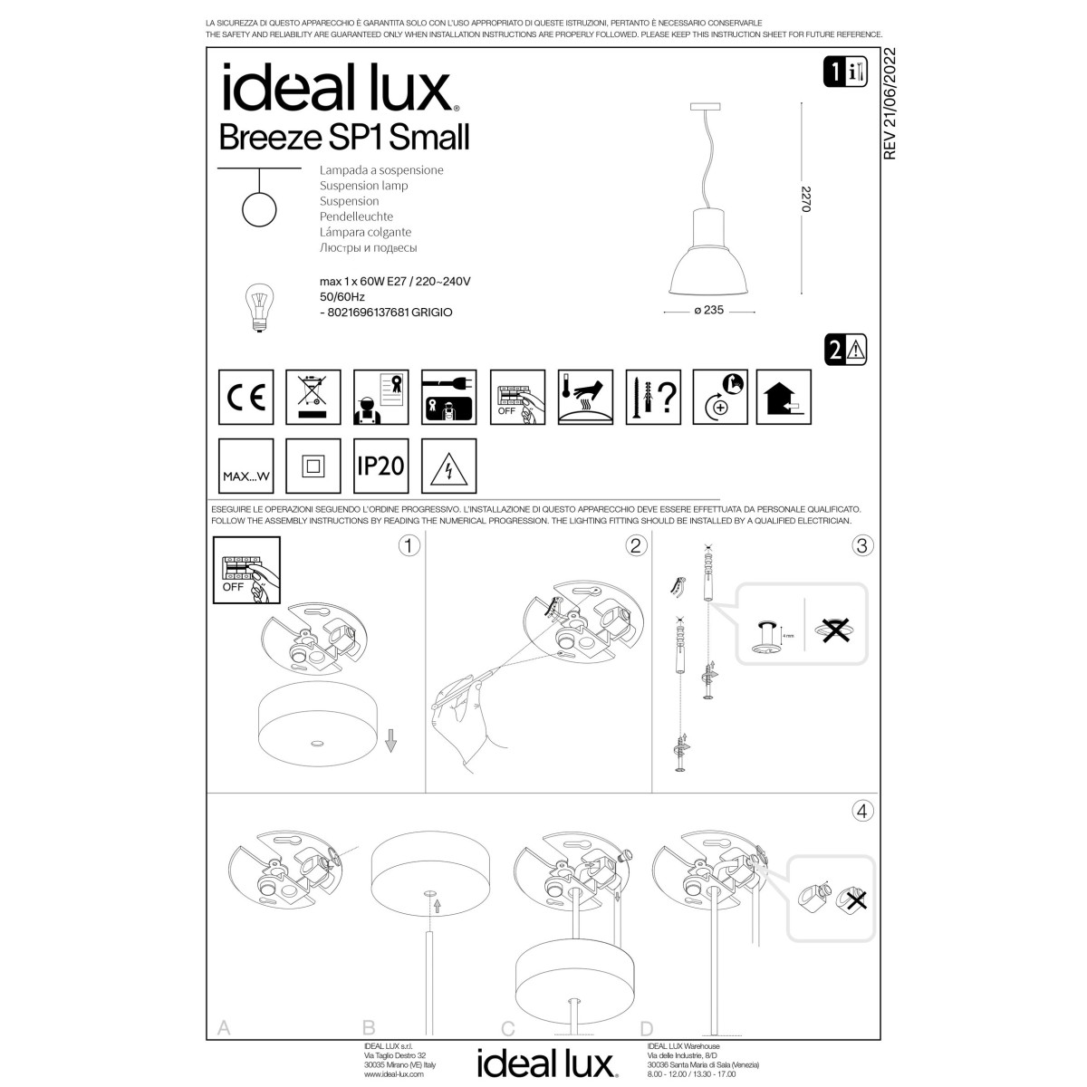 Светильник подвесной Ideal Lux Breeze SP1 Small Серый E27 137681