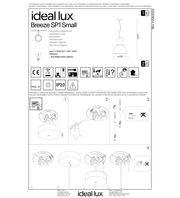 Светильник подвесной Ideal Lux Breeze SP1 Small Серый E27 137681