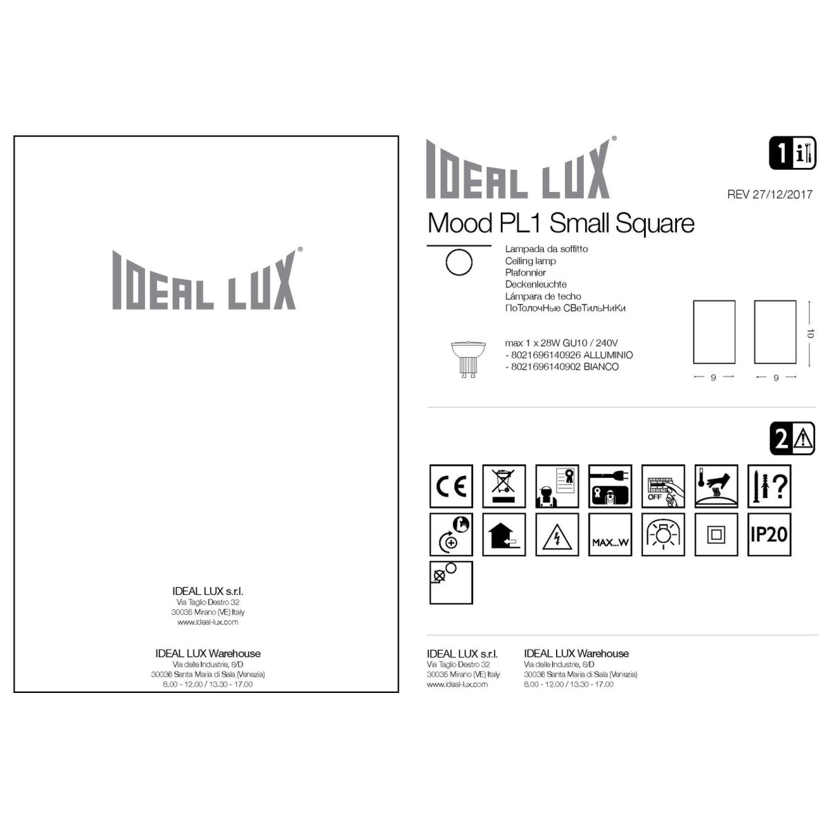 Светильник потолочный Ideal Lux Mood PL1 D09 Square макс.1х28Вт IP20 GU10 230В Алюминий/Черный Металл 140926