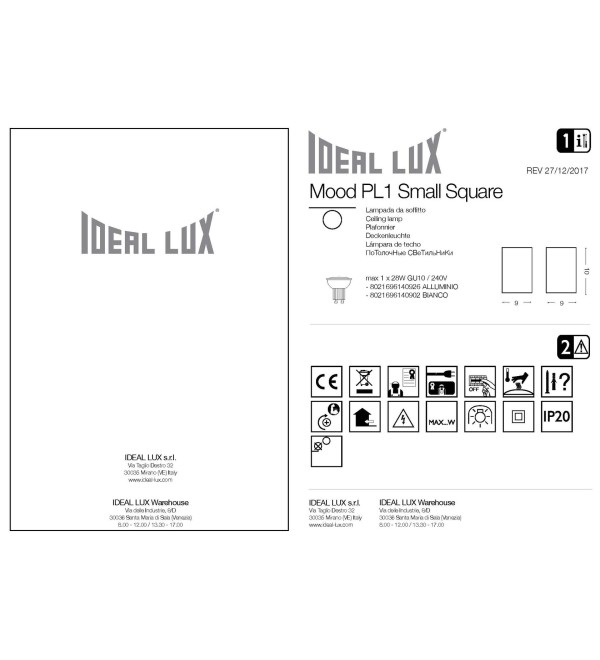 Светильник потолочный Ideal Lux Mood PL1 D09 Square макс.1х28Вт IP20 GU10 230В Алюминий/Черный Металл 140926
