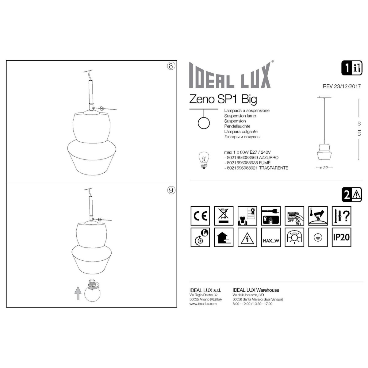 Светильник подвесной Ideal Lux Zeno SP1 Big макс.1х60Вт IP20 E27 230В Дымчатый/Хром Стекло/Металл Без лампы 088938