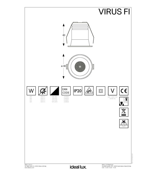 Светильник встраиваемый Ideal Lux Virus FI Черный 3000К LED 244846