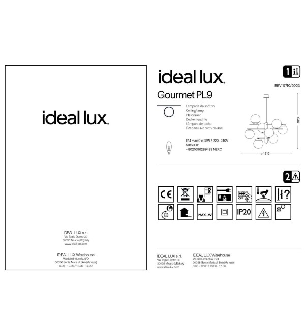 Люстра потолочная Ideal Lux Gourmet PL9 Черный E14 289489