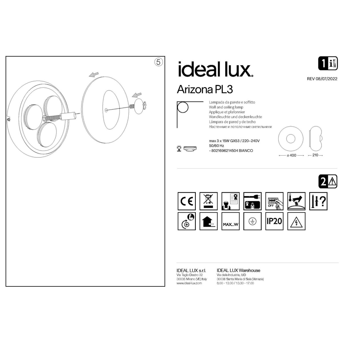 Люстра потолочная Ideal Lux Arizona PL3 GX53 Белый 214504