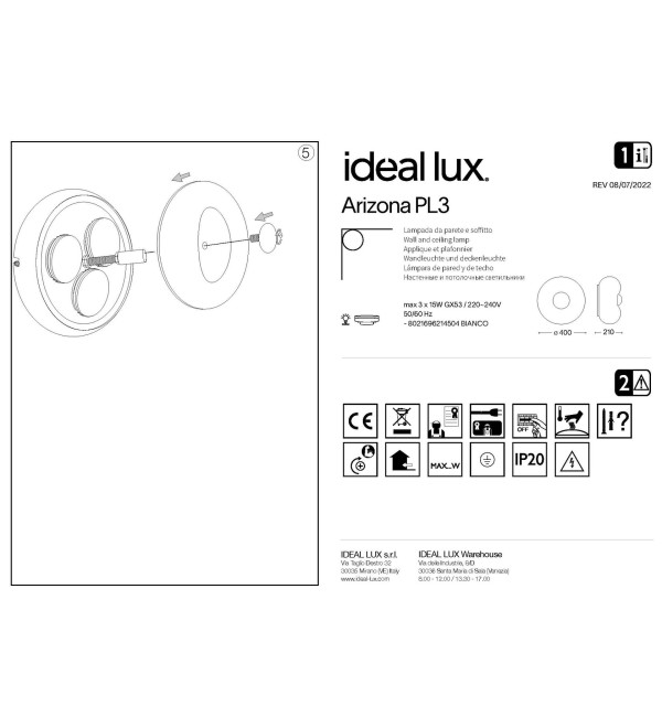 Люстра потолочная Ideal Lux Arizona PL3 GX53 Белый 214504