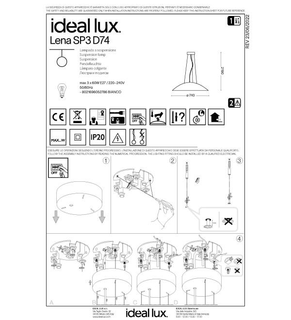 Люстра подвесная Ideal Lux Lena SP3 D74 Белый E27 052786