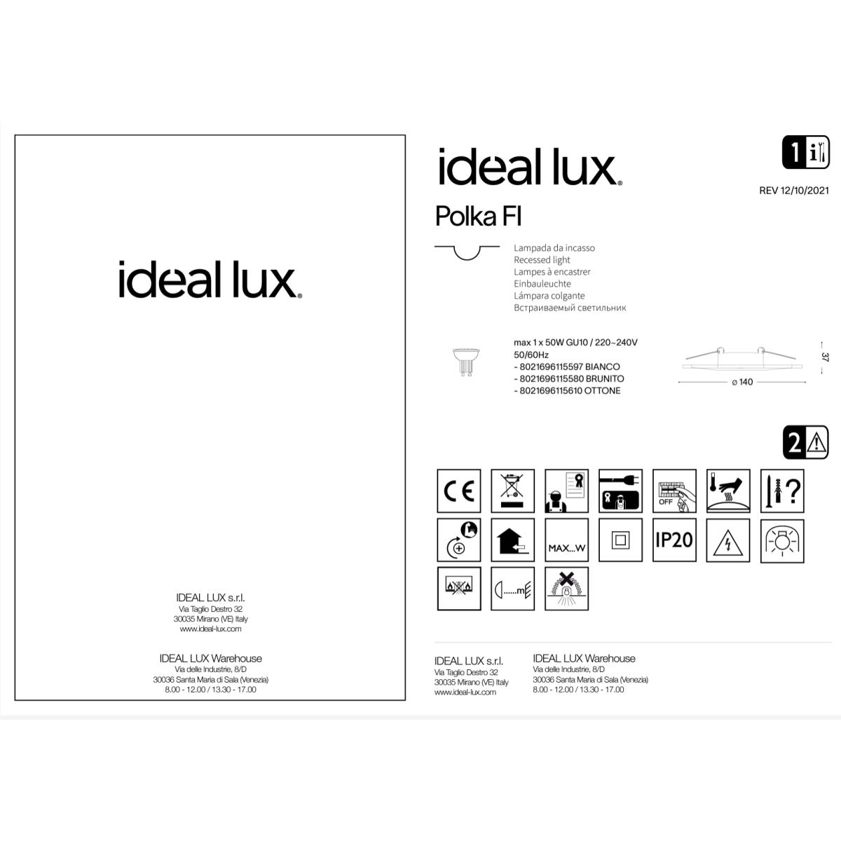 Светильник встраиваемый Ideal Lux Polka FI Латунь GU10 115610
