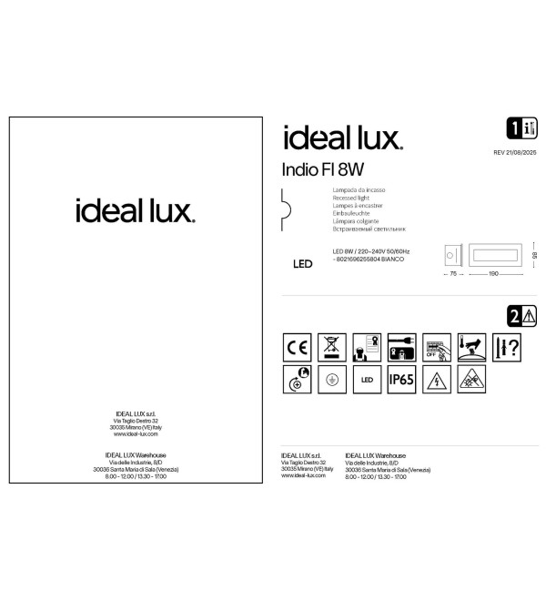 Светильник уличный встраиваемый Ideal Lux Indio FI 8W Белый 3000К LED 255804