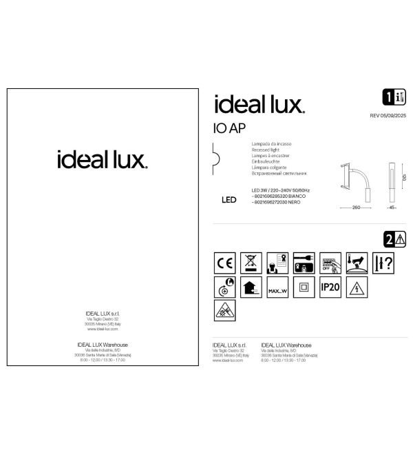 Светильник настенный встраиваемый Ideal Lux Io AP Черный 3000К LED 272030