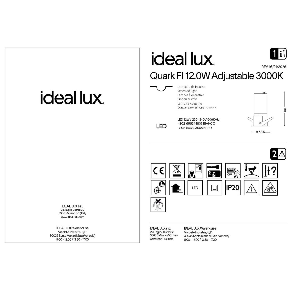 Светильник встраиваемый Ideal Lux Quark FI 12.0W Adjustable 3000K LED Белый 344805