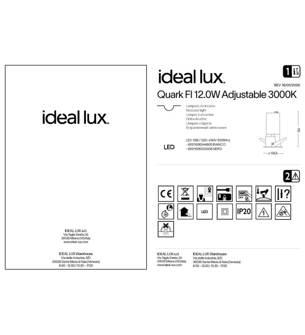 Светильник встраиваемый Ideal Lux Quark FI 12.0W Adjustable 3000K LED Белый 344805