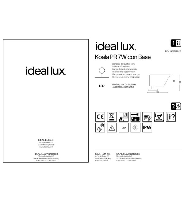 Прожектор садовый Ideal Lux Koala PR 7W Con Base D24V Черный LED 3000К 349596
