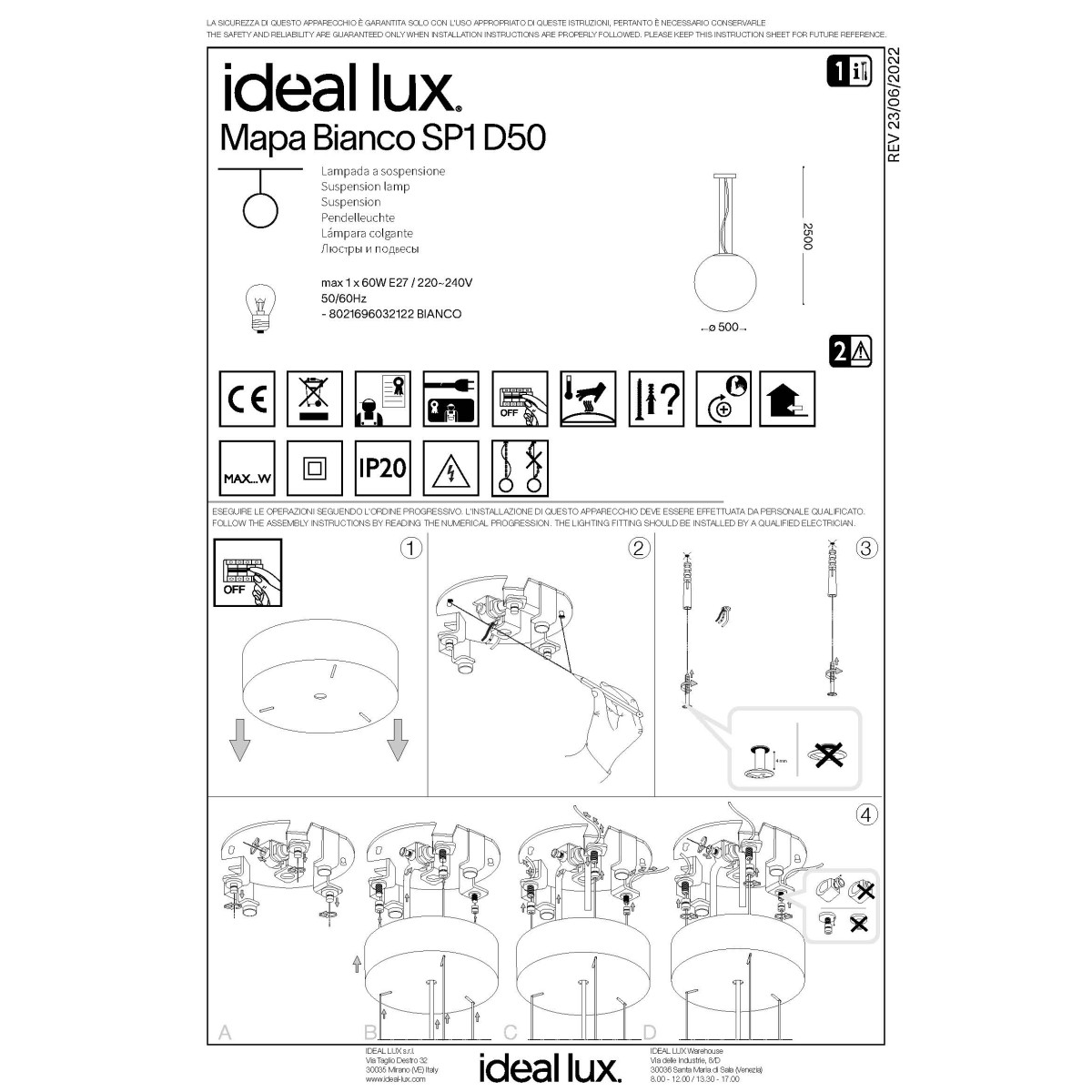 Светильник подвесной Ideal Lux Mapa SP1 D50 Белый E27 032122