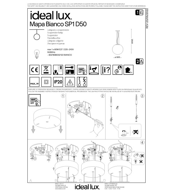 Светильник подвесной Ideal Lux Mapa SP1 D50 Белый E27 032122