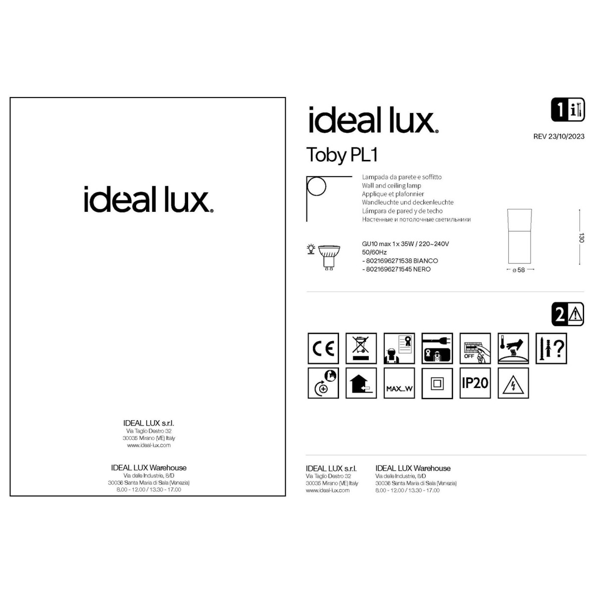 Светильник потолочный Ideal Lux Toby PL1 Белый GU10 271538